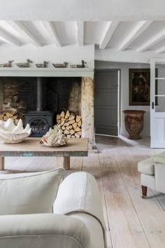 a living room filled with furniture and a fire place