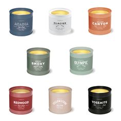 six different types of candles are shown in the same color and size, each with their own logo