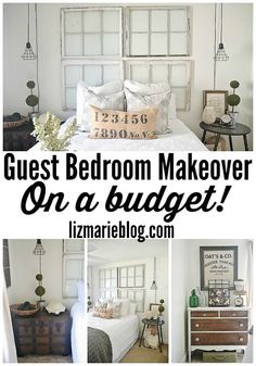 bedroom makeover on a budget with text overlay that reads guest bedroom makeover on a budget