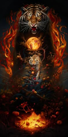 a tiger surrounded by fire and flames