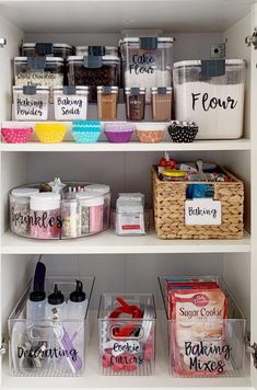 the shelves are filled with plastic containers and other items