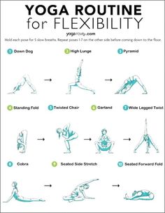 the yoga routine for flexibility is shown in blue and white, with instructions on how to do