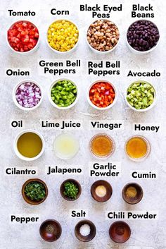 an image of different types of beans and other foods in bowls on a white surface