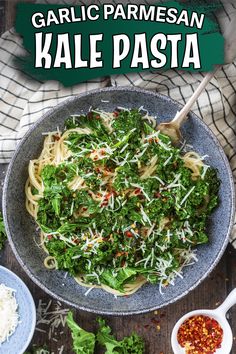 A bowl of kale and spaghetti with a text overlay title.