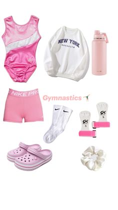 an assortment of sports gear including shoes, socks and water bottle on a white background