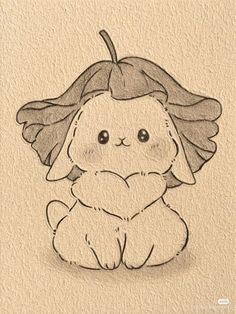 a drawing of a bunny with leaves on it's head, sitting in front of a