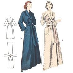 "Round the House comfort - a smartly styled robe. Luxurious shawl collar effects a surplice closing. Sleeves have turned back cuff effect. Patch pockets are roomy. (B) Contrast the cuff and collar faxing and tie belt. Offered here as: Digital Download (how to print and assemble). This pattern is also available as a Paper Pattern: https://www.etsy.com/uk/shop/VintagePatternsSewBI?ref=seller-platform-mcnav&search_query=6329 Skill Level: Intermediate Size Guide: Bust: 32\" (81.3cm) Waist: 26.5\" (6 Dressing Gown Pattern, Mens Dressing Gown, Dress Shawl, 1950s Patterns, 1950s Sewing Patterns, Kimono Dressing Gown, Dresses By Pattern, Vintage Slip, Gown Pattern