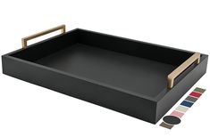 a black tray with wooden handles and color swatches