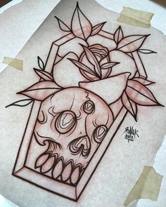 a drawing of a skull in a flower pot