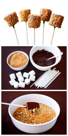 two pictures show different stages of making marshmallows in a bowl and on sticks