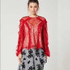 Delicately Feminine, The Rose Blouse By Elliatt Is Cut From A Gorgeous Chantilly Lace Fabrication In A Striking Hue. Style With The Bottom Of Your Choice Or Layer Under A Slip Dress For An Effortlessly On-Trend Ensemble M-B.061 L-B.062 Elegant Lace Blouse With Floral Print, Party Lace Tops With Floral Print, Red Lace Blouse For Spring, Elegant Red Top With Lace Trim, Elegant Red Tops With Lace Trim, Elegant Red Lace Trim Top, Red Floral Print Tops For Party, Red Floral Print Party Blouse, Elegant Red Lace Top