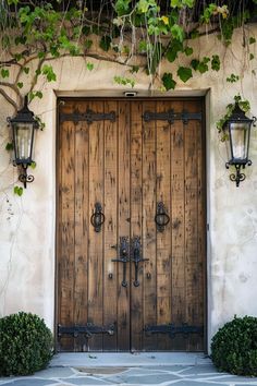 an old fashioned wooden door with ivy growing on the wall and two lights above it