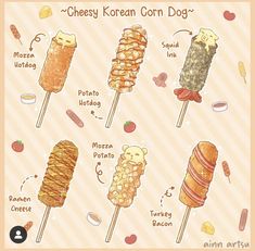 different types of korean corn dogs are shown in this cartoon drawing, which shows the main ingredients