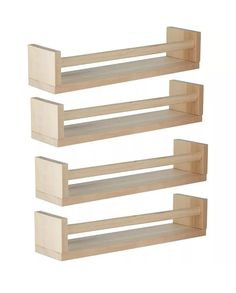 three wooden shelves are shown with one shelf on each side and the other above it