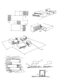 some drawings of different types of buildings and structures in the process of being sketched