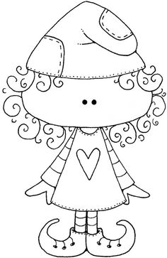 a drawing of a girl with curly hair wearing a hat and dress, standing in front of a white background