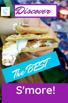 a person holding up a sandwich in their hand with the words, the best s'more on it