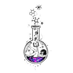 an ink drawing of a person in a glass flask filled with liquid and stars