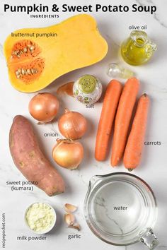 ingredients for pumpkin and sweet potato soup laid out on a white counter top with text