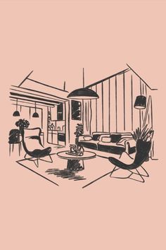 a black and white drawing of a living room with two chairs, a coffee table and a couch