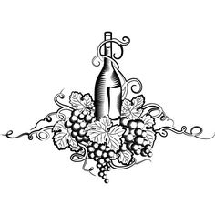 a black and white drawing of a bottle of wine with grapes on the vine border