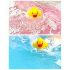 two pictures of yellow rubber ducks floating in blue and pink water, one with an orange beak