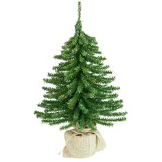 a small green christmas tree sitting on top of a burlock bag in front of a white background