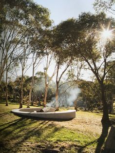 an outdoor fire pit surrounded by trees and grass