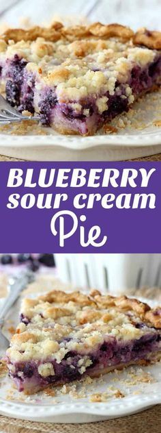 blueberry sour cream pie on a white plate with a purple text overlay that reads, blueberry sour cream pie