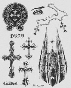 an image of gothic tattoos on the back of a sheet of paper with words and symbols