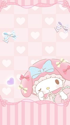 the hello kitty wallpaper is pink with hearts and bows on it's head