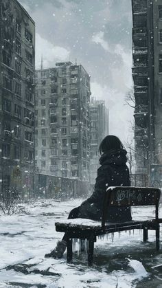 a person sitting on a bench in the middle of a snow covered street with tall buildings