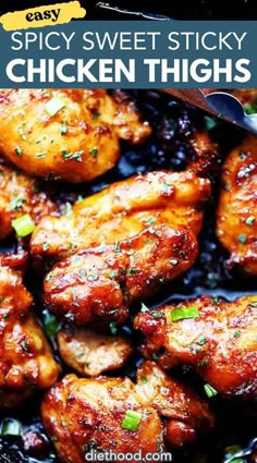 spicy sweet sticky chicken thighs in a skillet