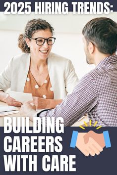 two people shaking hands over a desk with the words building career with care on it