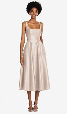 Square Neck Full Skirt Satin Midi Bridesmaid Dress With Pockets In Cameo | The Dessy Group Square Neck Elopement Dress, Square Neck Wedding Dress, Midi Wedding Dress, Midi Bridesmaid Dress, Skirt Satin, Midi Dress With Pockets, Neck Wedding Dress, Full Circle Skirt, Infinity Dress