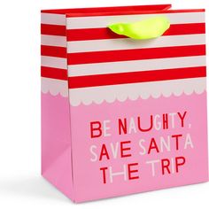 a pink and red striped shopping bag with a banana on the top that says benuhy save santa te - trip