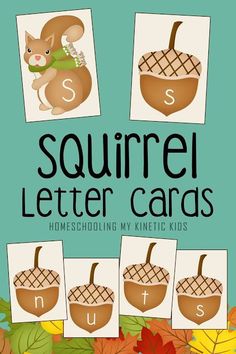 the squirrel letter cards are shown with leaves and acorns