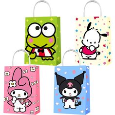 four bags with cartoon characters on them in different colors and designs, one is pink, the other is green