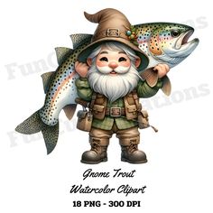 a gnome holding a large fish and wearing a hat