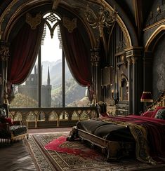 an ornate bedroom with large windows overlooking the mountains and cityscape is pictured in this image