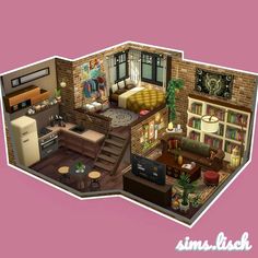 Sims Loft Ideas, Sims No Cc Rooms, House Design Cute, Cool Sims Houses, Sims Room Inspiration, Sims 4 One Room House, Sims 4 Lofts, Sims 4 Inspo Room, Sims House Interior Ideas