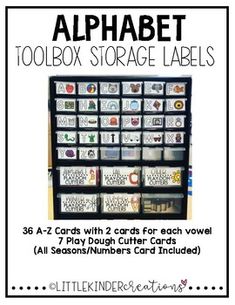 the alphabet toolbox storage labels are shown in black and white