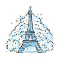 the eiffel tower in paris, france with clouds and stars on it's sides