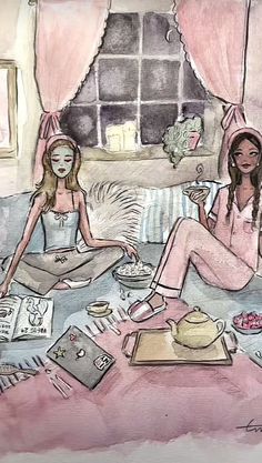 two women sitting on a bed with food and drinks in front of them, one holding a teapot