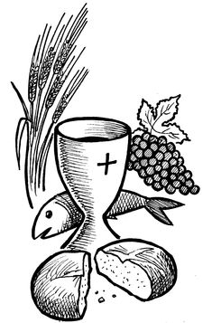 a black and white drawing of bread, grapes, and a chalicette on a table