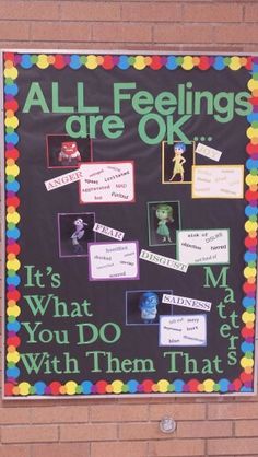 a bulletin board with all feelings are ok written on it and pictures attached to it