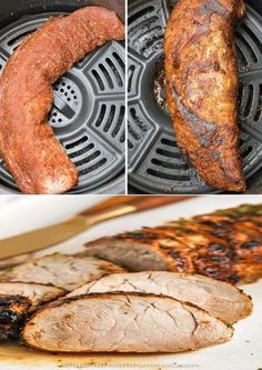 there are three different pictures of meat on the grill