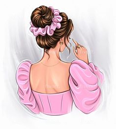 a drawing of a woman in a pink dress with her hand to her face and the back of her head