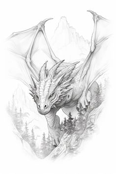 a pencil drawing of a dragon flying over a mountain range with trees and mountains in the background