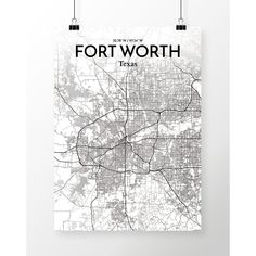 a white poster with the words fort worth in black on it and an image of a city map